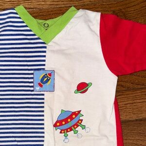 Vintage “Small Steps” Color-Blocked Alien Spaceship / Rocket Space Baby Romper
